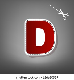 Letter D sign design template element. Vector. Red icon with for applique from paper with shadow on gray background with scissors.