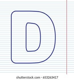 Letter D sign design template element. Vector. Navy line icon on notebook paper as background with red line for field.