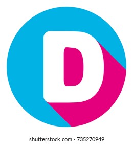 Letter D sign design template element. Vector. Flat white icon with mexican pink shadow inside sky blue(S and G) circle at white background. Isolated. Trend colors in 2017.