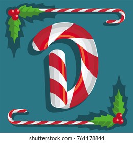 Letter D, sign of red and white sweets, sweet candy cane on turquoise background, illustration, vector