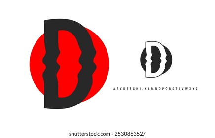 Letter D silhouette on red sun, twisting alphabet. Japanese logo for sushi roll restaurant logo, asian cultural event logotype. Vector logo and typeset