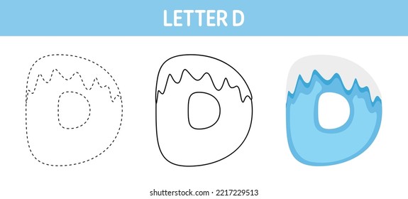 Letter D Snow tracing and coloring worksheet for kids