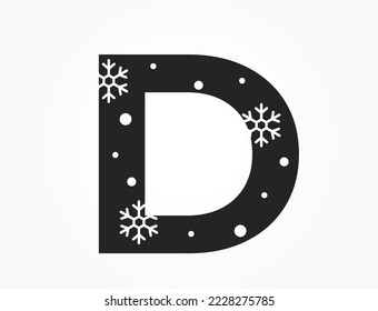 letter d with snowflake and snow. creative element for Christmas, new year and winter design. isolated vector image