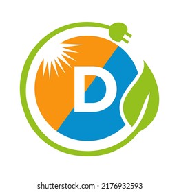 Letter D Solar Energy Logo Design Concept with Sun, Leaf and Electric Plug Solar Panel Vector Template