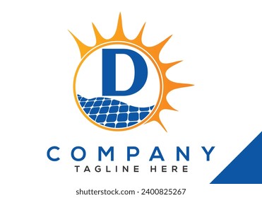 Letter D with solar panel and sun sign Logo Design Vector Template.