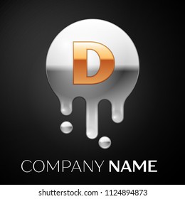 Letter D splash logo. Golden dots and silver bubbles letter design on black background. Vector Illustration