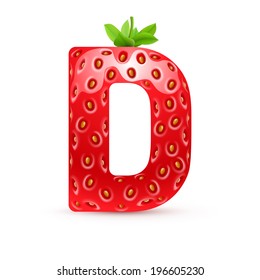 Letter D in strawberry style with green leaves