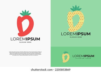 Letter D in strawberry style with green leaves