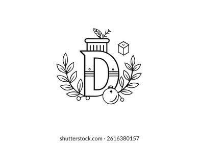 The Letter D Is Surrounded By Flowers And Leaves Vector Illustration