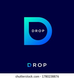 Letter D with a symbol of drop. Azure-blue logo. Clear water drop and clean environment symbol.  Logo can be used for spa, water beauty, packaging of water, cosmetics. 