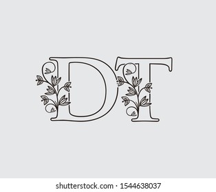 Letter D, T and DT Vintage Floral Logo Icon, overlapping monogram logo, Simple Swirl Black color Logo on white background. Classy Letter Logo Icon.