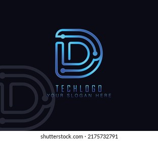 letter D tech logo with gradient blue color good for technology company vector template