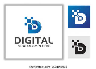 letter D with technology chip system symbol for branding, business internet logo template