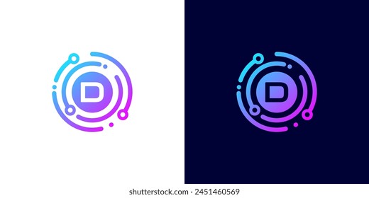 letter D technology logo with circle circuit line style for digital, data, connection