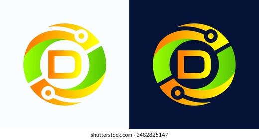 Letter D technology logo with circles and circuit board lines with letter D inside for digital, data, connection in green and orange gradient colors