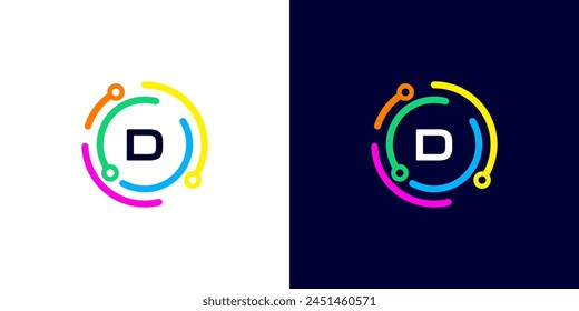 letter D technology logo with colorful connection circuit circle dots for technology,data,internet,computer