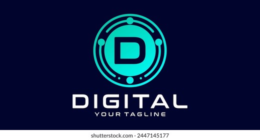 letter D technology logo. Digital font vector design for industry with circuit circles and dots, for digital, technology,data