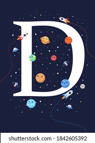 The letter D with the theme of outer space for Children. Letter graphic vector illustration for kids on outer space theme. space kids, letters for children.