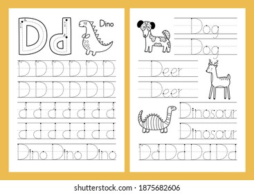 Letter D. Tracing practice worksheet set. Learning alphabet activity page. Printable black and white template in A4 format for children’s workbook. Vector illustration 