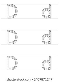 Letter D Tracing Worksheet für Preschool PreK Kinder Homeschooling. Alphabet-Aktivitäten in den oberen und unteren Bereichen
