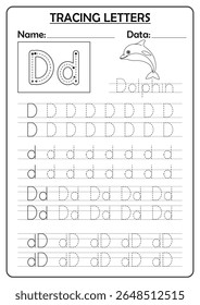 Letter D tracing worksheet with the word Dolphin. Great for teaching handwriting, alphabet recognition, and fine motor skills. Perfect for preschool and kindergarten.