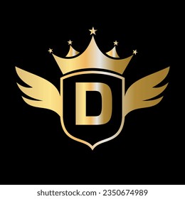 Letter D Transportation Logo With Wing, Shield And Crown Icon. Wing Logo On Shield Symbol