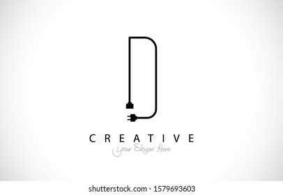 Letter D Tropical Design Logo Concept. Creative Icon Logo with Wire Plug and Socket Vector Illustration.