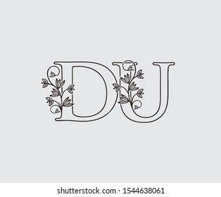 Letter D, U and DU Vintage Floral Logo Icon, overlapping monogram logo, Simple Swirl Black color Logo on white background. Classy Letter Logo Icon.