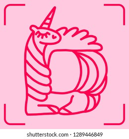 Letter "D" unicorn. Written by unicorns. Letter in the style of the unicorn. Fairytale font. Trend print on a T-shirt. Printable Unicorn Colouring Pages. Unicorn alphabet.