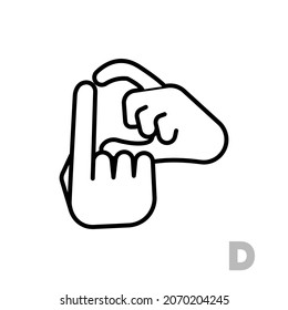 Letter D Universal and handicapped hand alphabet letter. Simple clear linear letter D, hand language. Learning the alphabet, non-verbal deaf-mute communication, expressive gestures vector.