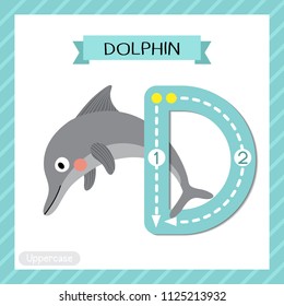 Letter D uppercase cute children colorful zoo and animals ABC alphabet tracing flashcard of Dolphin for kids learning English vocabulary and handwriting vector illustration.