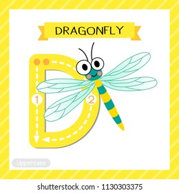 Letter D uppercase cute children colorful zoo and animals ABC alphabet tracing flashcard of Dragonfly insect for kids learning English vocabulary and handwriting vector illustration.