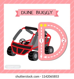 Letter D uppercase cute children colorful transportations ABC alphabet tracing flashcard of Dune Buggy for kids learning English vocabulary and handwriting Vector Illustration.