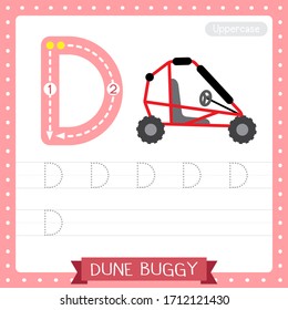 Letter D uppercase cute children colorful transportations ABC alphabet tracing practice worksheet of Dune Buggy for kids learning English vocabulary and handwriting Vector Illustration.