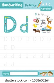 Letter D uppercase and lowercase cute children colorful ABC alphabet trace practice worksheet for kids learning English vocabulary and handwriting layout in A4 vector illustration.