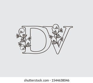 Letter D, V and DV Vintage Floral Logo Icon, overlapping monogram logo, Simple Swirl Black color Logo on white background. Classy Letter Logo Icon.