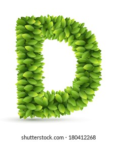 Letter D, vector alphabet of green leaves  on white background