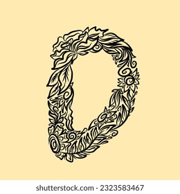 letter D vector design with plant doodle style suitable for font, name, free art