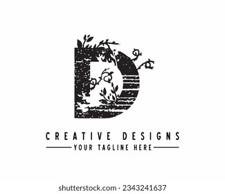 letter D vector design with plant doodle style suitable for font, name, free art