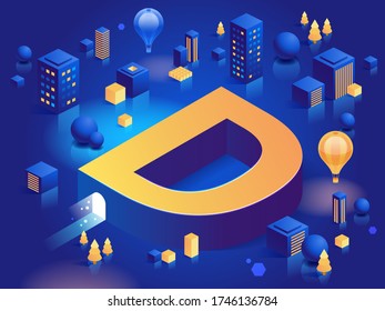 Letter D. Vector isometric abstract font with icons, buildings, colour boxes, trees, balloons. 3d letter for design concept. More letters in same style in my portfolio