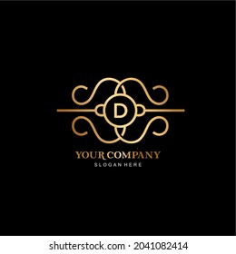 letter D vector logo and gold frame. simple and elegant gold frame line art with letter D .premium letter D vector template