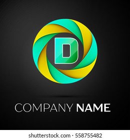 Letter D vector logo symbol in the colorful circle on black background. Vector template for your design