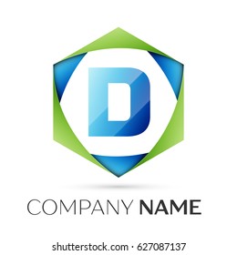 Letter D vector logo symbol in the colorful hexagonal on grey background. Vector template for your design