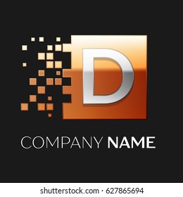 Letter D vector logo symbol in the colorful square with shattered blocks on black background. Vector template for your design
