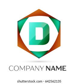 Letter D vector logo symbol in the colorful hexagonal on grey background. Vector template for your design