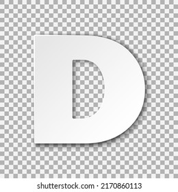 Letter D vector paper cut illustration. Monochrome volumetric font on transparent background. Best for polygraphy, print, posters, cards and web design. Editable vector illustration EPS 10.