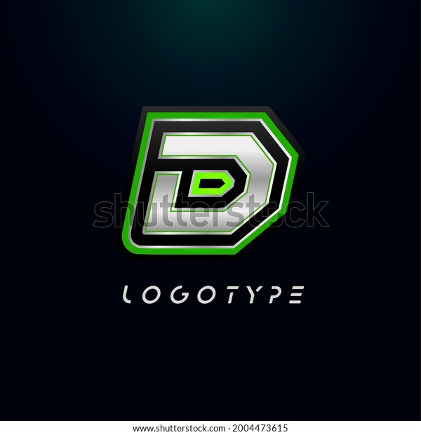 Letter D for video\
game logo and super hero monogram. Sport gaming emblem, bold\
futuristic letter with sharp angles and green outline. Tilted sharp\
letter type on black\
background