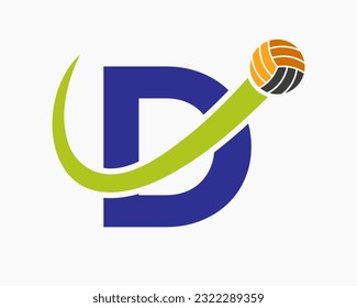 Letter D Volleyball Logo Concept With Moving Volley Ball Icon. Volleyball Sports Logotype Template