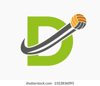 Letter D Volleyball Logo Concept With Moving Volley Ball Icon. Volleyball Sports Logotype Template