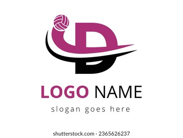 Letter D with Volleyball Sports Logo Template Design. Tennis Sport Academy Sign, Club Symbol. business, and company identity